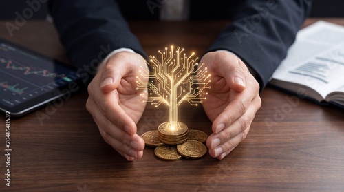 Businessman protecting a stack of gold coins with a glowing digital circuit tree growing out of them
