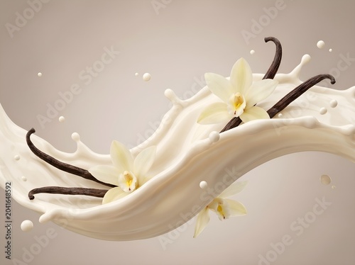 Dynamic Vanilla Milk Splash with Vanilla Beans and Orchid Flowers, Premium Creamy Food Background