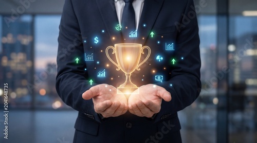 Businessman holding a glowing golden trophy cup with business growth and financial success icons in office
