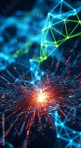 Glowing Abstract Network Lines Radiating From Bright Core in Digital Technology Background