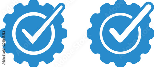 Two blue gear checkmark icons verification and settings concepts