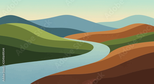 Foto Stylized flowing river through rolling hills landscape, abstract nature art