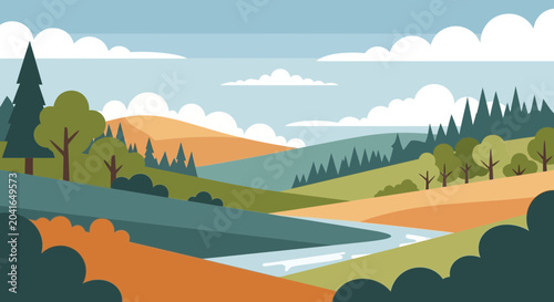 Canvas Print Peaceful Countryside Landscape with Rolling Hills, River, and Trees - Flat Desig