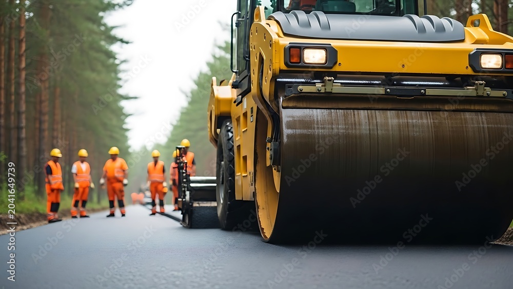 Obraz premium A yellow road roller compacts asphalt, construction workers observe in a forested environment