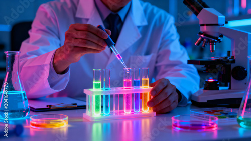 Scientist carefully uses a pipette to transfer liquid into test tubes during laboratory research surrounded by samples glassware and futuristic neon lighting that highlights precise chemical experimen