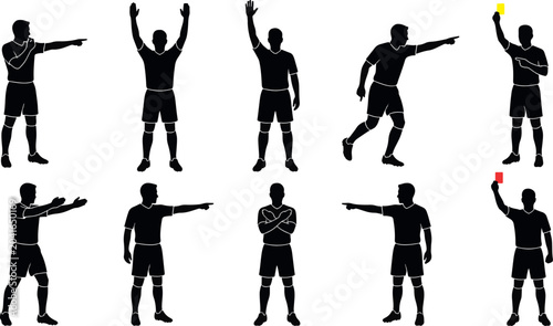 Tableau sur toile Collection of black silhouettes of soccer referees in various poses, signaling w
