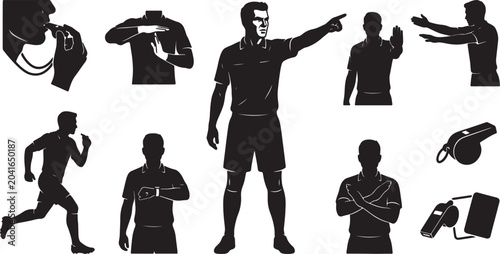 Photos Collection of soccer referee silhouettes showing various hand signals, whistle u