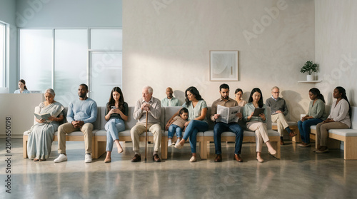People Waiting in a Medical Clinic or Hospital's Waiting Room in Modern Design