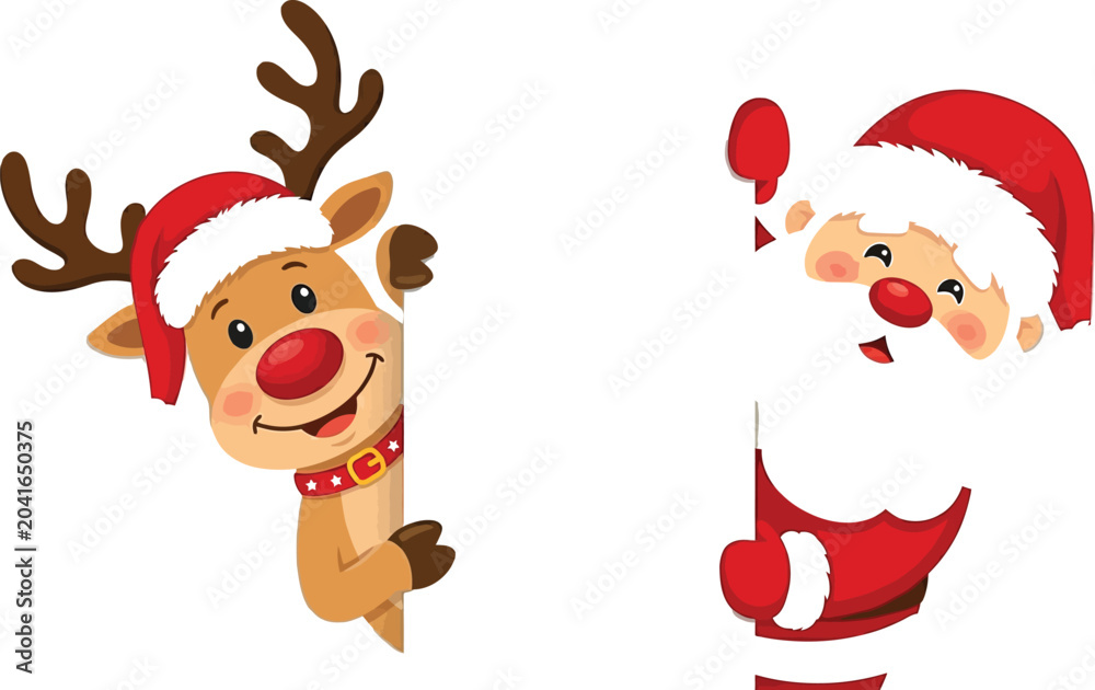 Fototapeta premium Santa claus and reindeer waving cheerfully