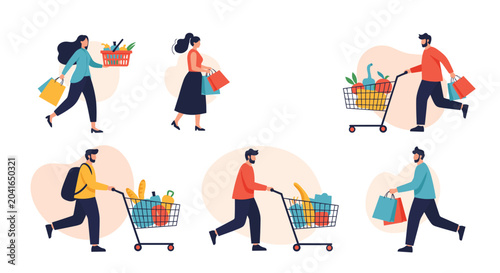 Diverse group of men and women pushing shopping carts and carrying bags full of fresh groceries and food products.