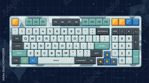 Foto Modern Mechanical Keyboard with Camouflage Design and Blue Grid Background