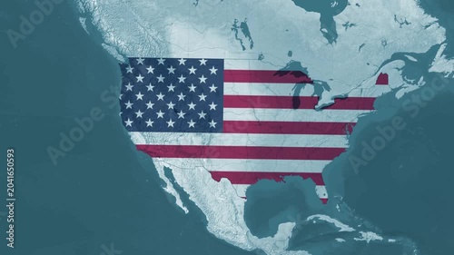 USA New York State Map Animation with Flag Texture, Albany County, New York City and Buffalo Pins on Light Blue Terrain Background
