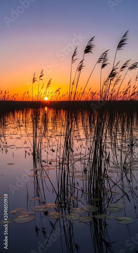 Tall Reed Silhouettes Standing in Calm Wetland Water at Colorful Sunset