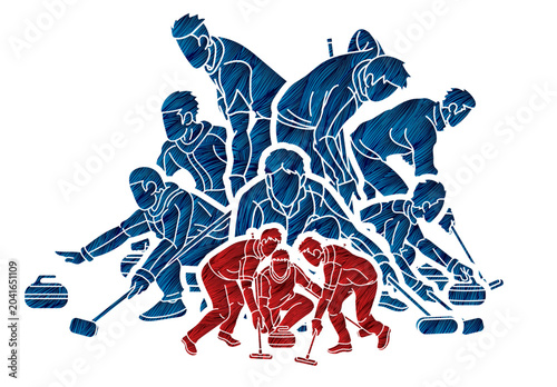 Group of Curling Sport Mix Male Players Action Cartoon Silhouette Graphic Vector