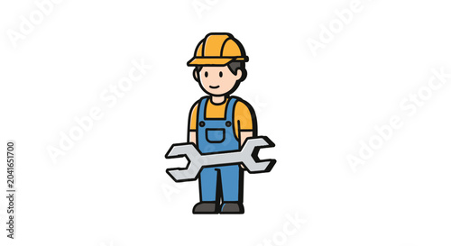 Cuadro en lienzo Friendly cartoon builder holding a massive silver wrench