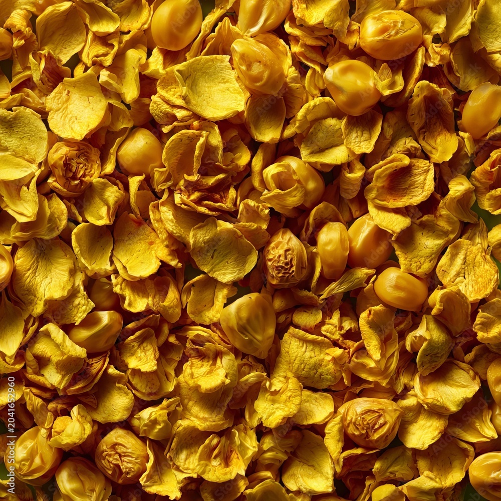 Obraz premium Crisp Golden Dehydrated Corn Kernels Chips Full Frame Texture, Perfect for Cooking and Snacks