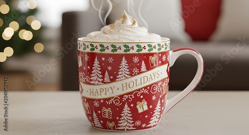 Festive Red Holiday Mug Filled with Whipped Cream on Cozy Table