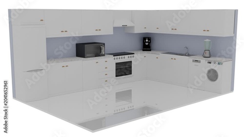 Filmato; Illustrazione 3D. Cucina componibile vista in 3D. elettrodomestici . La cucina si compone a partire da zero realizzando un progetto di arredamento. Elettrodomestici e mobiletti si aprono