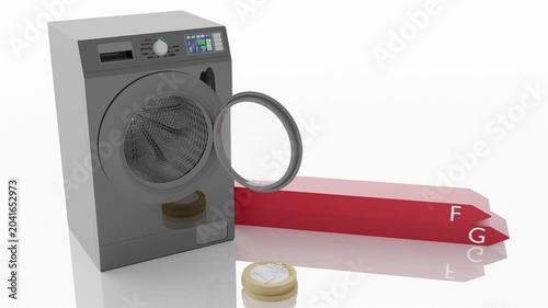 Elettrodomestici. Lavatrice con simbolo di risparmio energetico. Sfondo bianco. Classificazione efficienza - Filmato. Illustrazione 3D