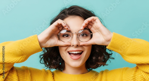 Young woman with curly hair wearing glasses makes heart shape with hands against a turquoise background, smiling and wearing a yellow sweater