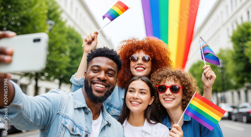 Group of diverse friends celebrating Pride Month, holding rainbow flags and taking a selfie in a city street with colorful decorations in the background