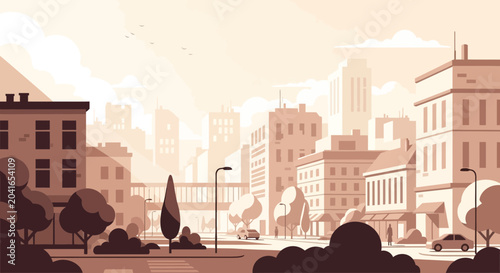 Konstfotografi Modern Cityscape Panorama with Buildings, Trees, and Street View in Sepia Tones