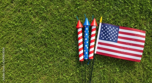 Independence day celebration american flag and fireworks on vibrant green grass