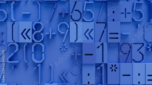 Close-Up of Blue and White Geometric Patterned Surface with 3D Texture and Abstract Numbers, Ideal for Technology and Design Concepts