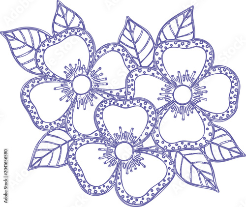 Intricate purple flower design with leaves isolated on white background for decorative use