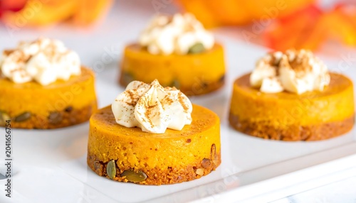 Mini Pumpkin Cheesecakes Topped with Whipped Cream on White Dessert Tray