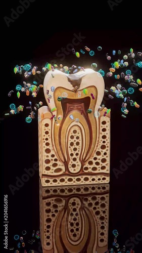 Conceptual 3D animation of tooth decay with bacteria in vertical format
