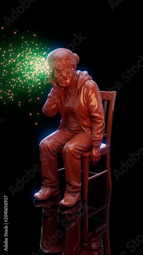 Conceptual 3D animation of an elderly person suffering from a brain disorder in vertical format