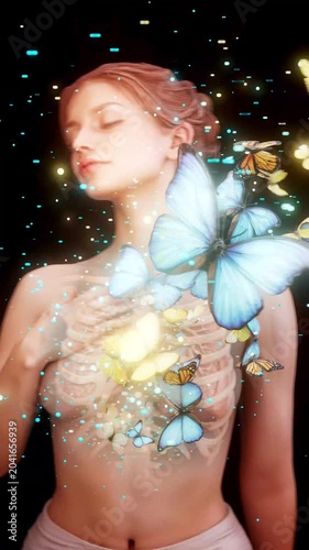 Conceptual 3D animation of a woman with visible lungs and butterflies in vertical format