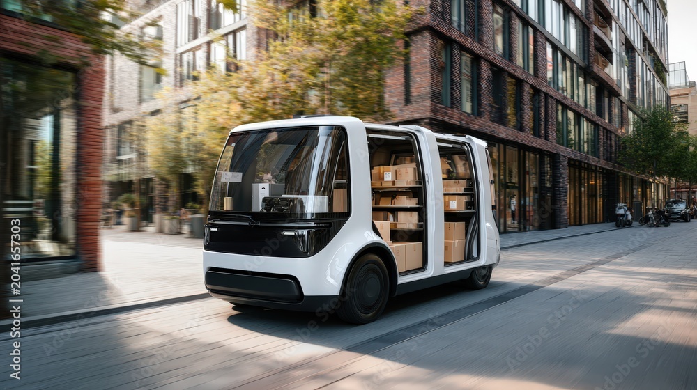 Fototapeta premium Autonomous electric van driving through a city district, carrying parcels for efficient last mile delivery and smart urban mobility