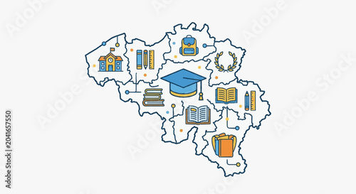 Belgium map with educational symbols and icons representing learning.