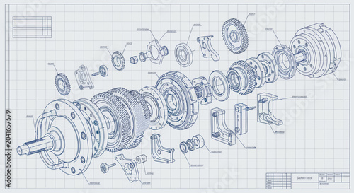 Konstfotografi Detailed Engineering Blueprint of an Exploded View Mechanical Assembly