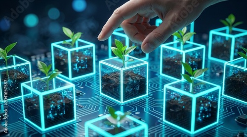 Human hand interacts with digitally enhanced plants growing in cubic containers on a futuristic circuit board, symbolizing innovation and growth.