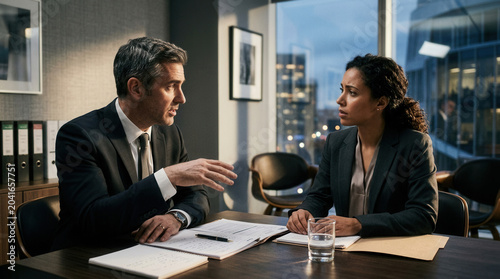 Professional Business Meeting: Discussing Documents and Legal Matters Within an Office