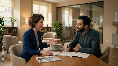 Professional Business Meeting: Discussing Documents and Planning in a Bright Office Scene