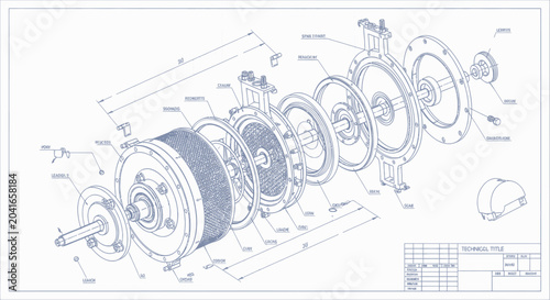 Detailed Engineering Blueprint of an Exploded View of a Mechanical Assembly.