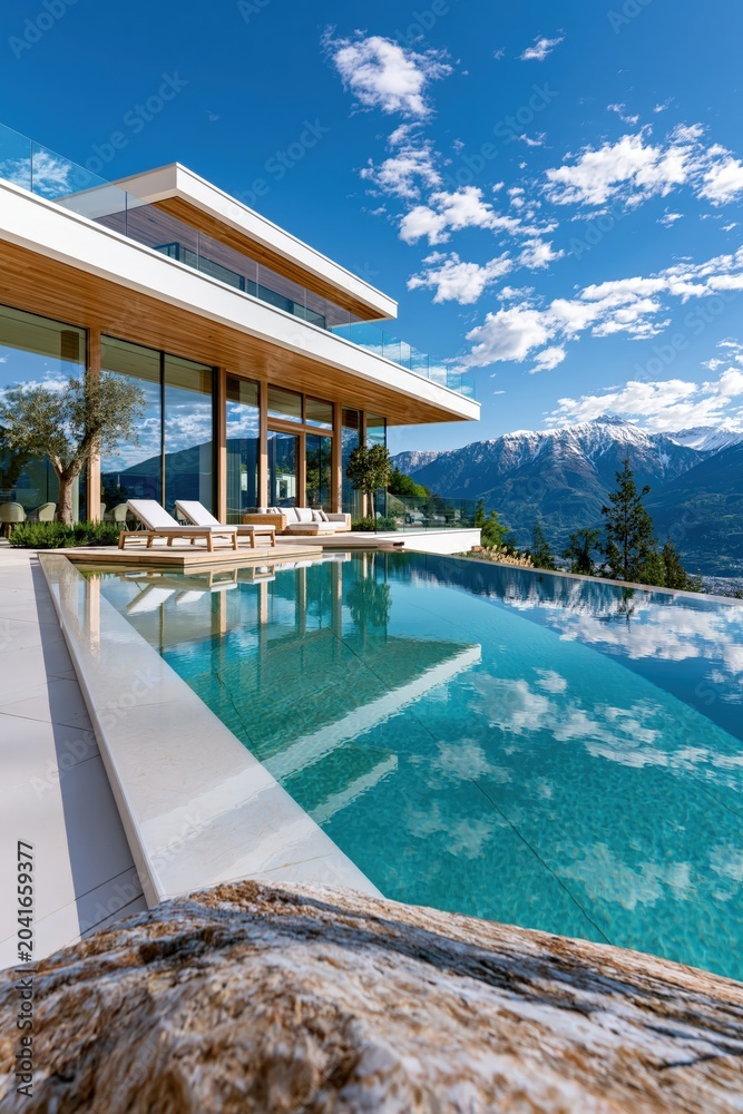 Fototapeta premium Luxurious modern villa featuring infinity pool and panoramic mountain view, offering exclusive living and relaxation