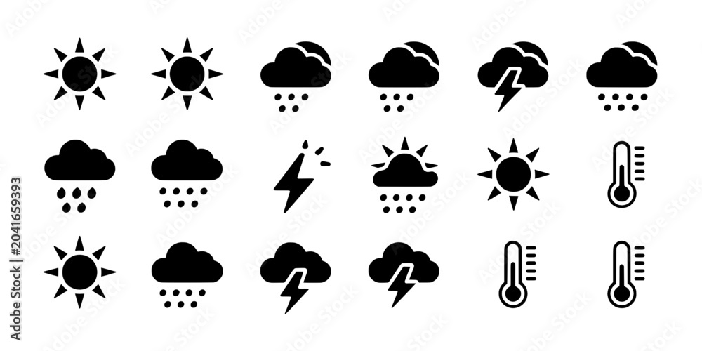 Fototapeta premium Weather icons set with sun, clouds, rain, thunder and temperature symbols for forecast, web and UI design