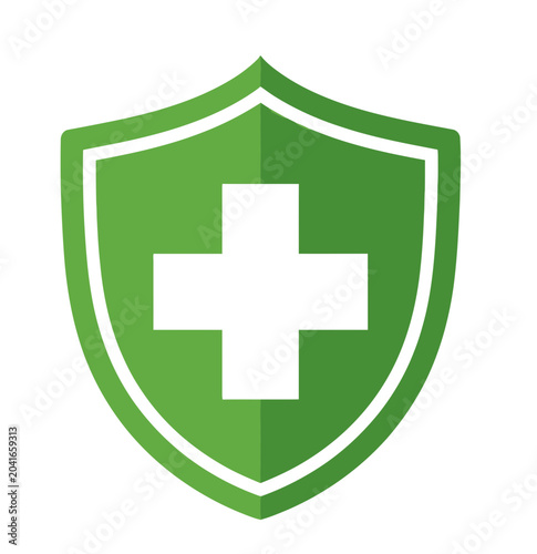 Green shield with white cross symbol.