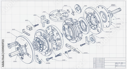 Tableau sur toile Detailed Engineering Blueprint of Exploded Mechanical Assembly Drawing
