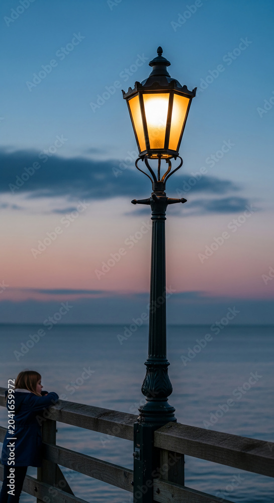 Obraz premium A lone figure watches the ocean at dusk, illuminated by a vintage lamp post, symbolizing contemplation and tranquility by the sea