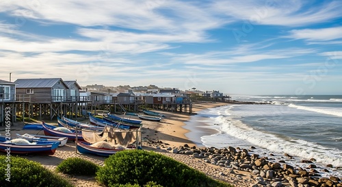 Colorful Fishing Boats Resting Beside Coastal Houses on Sunny Sandy Beach