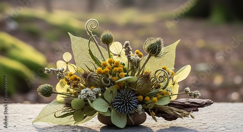 Rustic Dried Flower Arrangement Resting on Stone Surface in Soft Outdoor Garden Light
