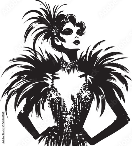 Elegant woman in dramatic feathered collar and sequined dress in