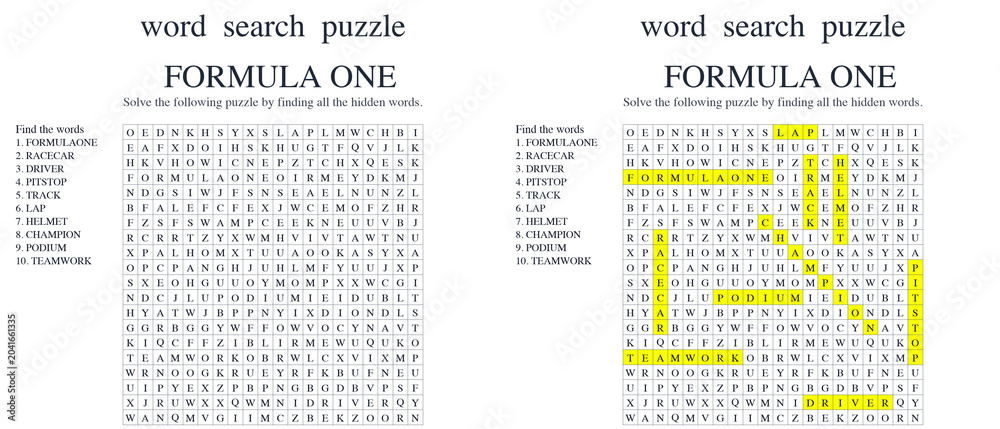 Obraz premium Word seek puzzle sheet featuring Formula One with highlighted solutions 