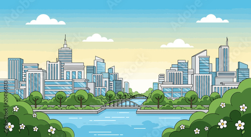 Foto Vibrant city skyline with river, park, and bridge in bright daylight illustratio